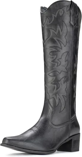 IUV Cowboy Boots For Women Knee High Western Cowgirl Boots Snip Toe Side Zipper Chunky Heel