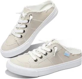 Obtaom Women Canvas Mules Memory Foam Clipper Fashion Sneakers Comfortable Slip-On Mule Backless Holiday Shoes