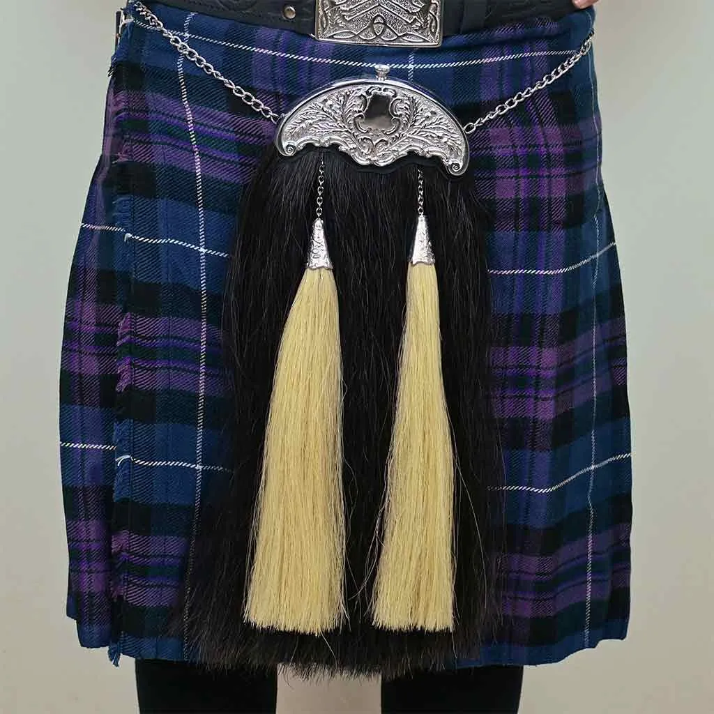 Real Horse Hair Sporran Black with White Long Hair Two Tassels