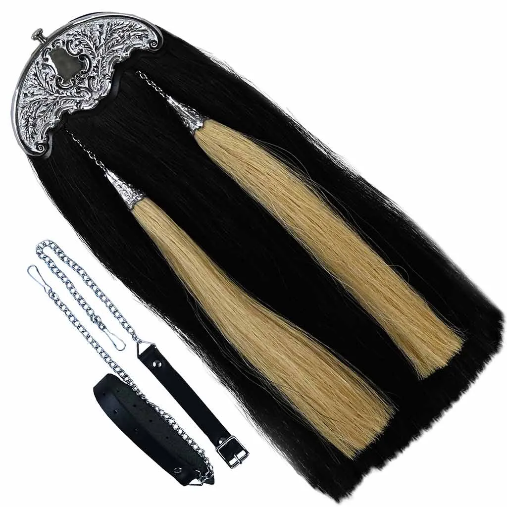 Real Horse Hair Sporran Black with White Long Hair Two Tassels