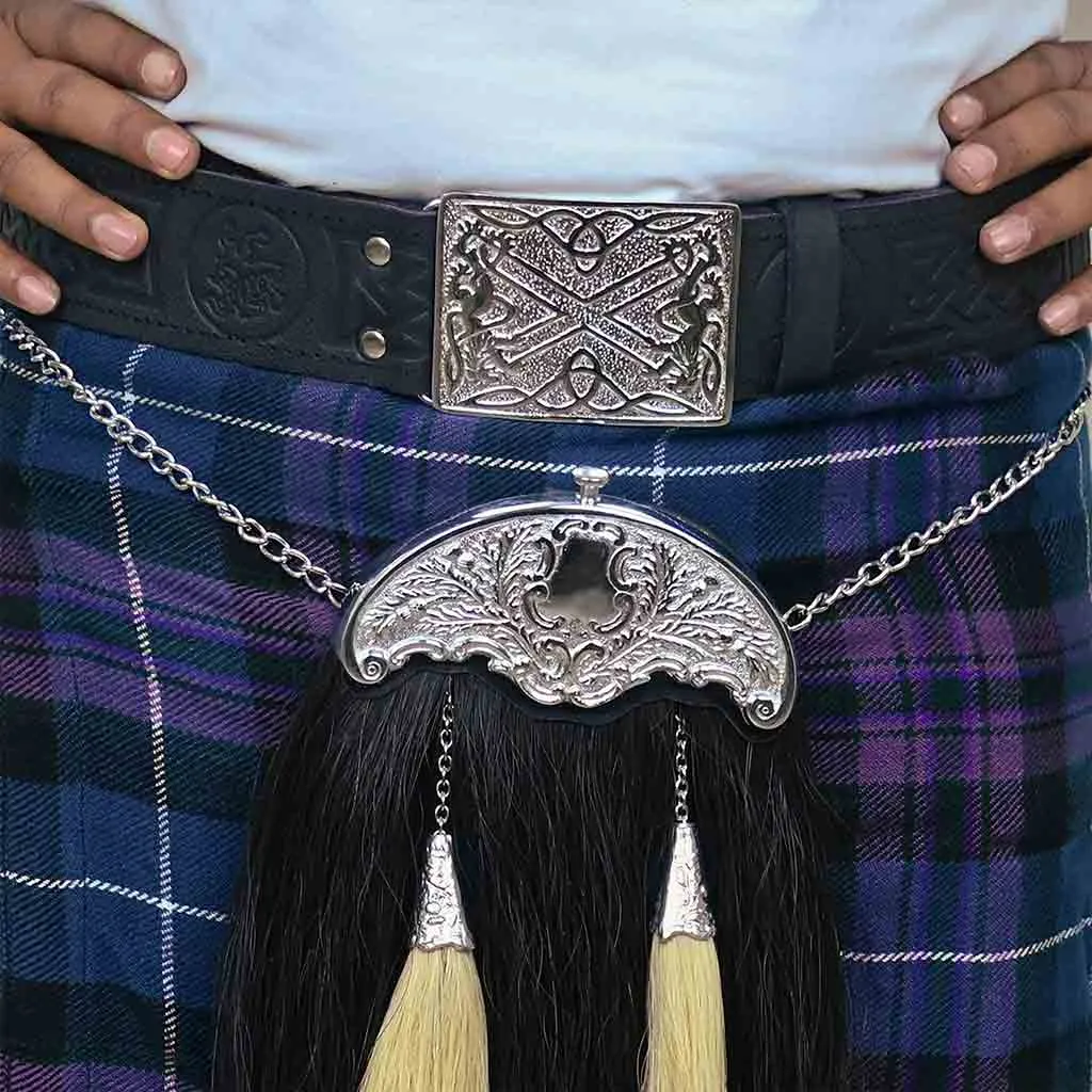 Real Horse Hair Sporran Black with White Long Hair Two Tassels