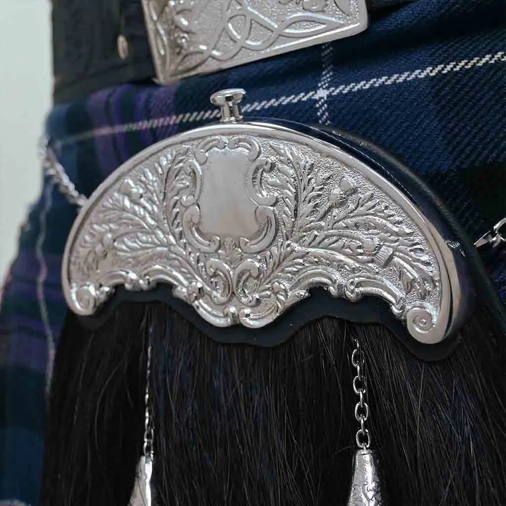 Real Horse Hair Sporran Black with White Long Hair Two Tassels