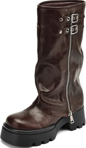 Women's Knee High Boots Comfortable Platform Round Toe Moto Boots Buckle Dress Fold Over Boots for Women